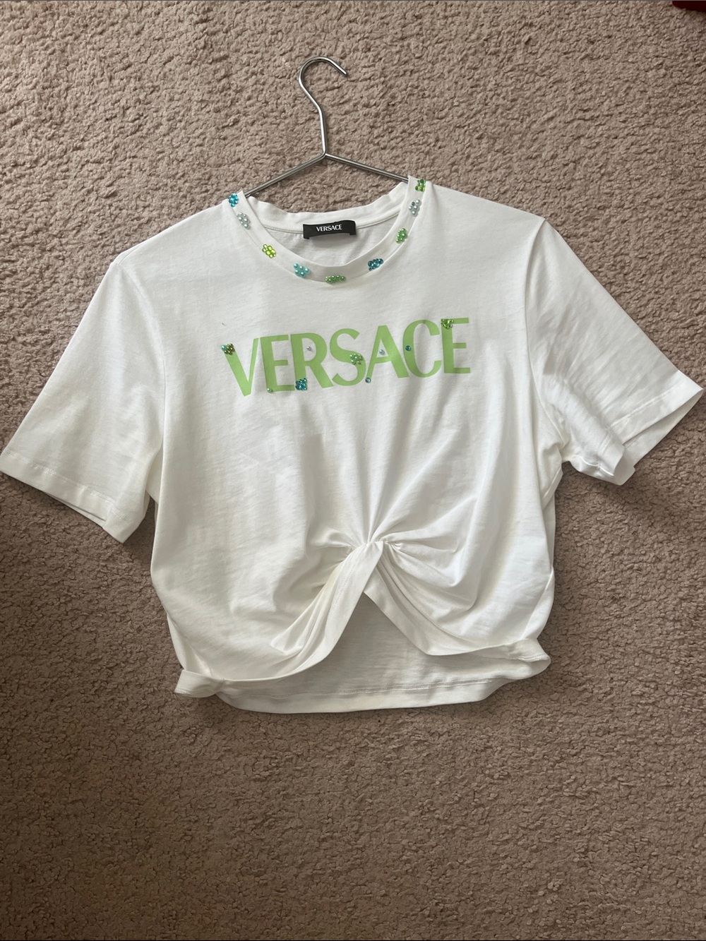 Versace White Knot-Front Logo Tee with Lime Green Lettering